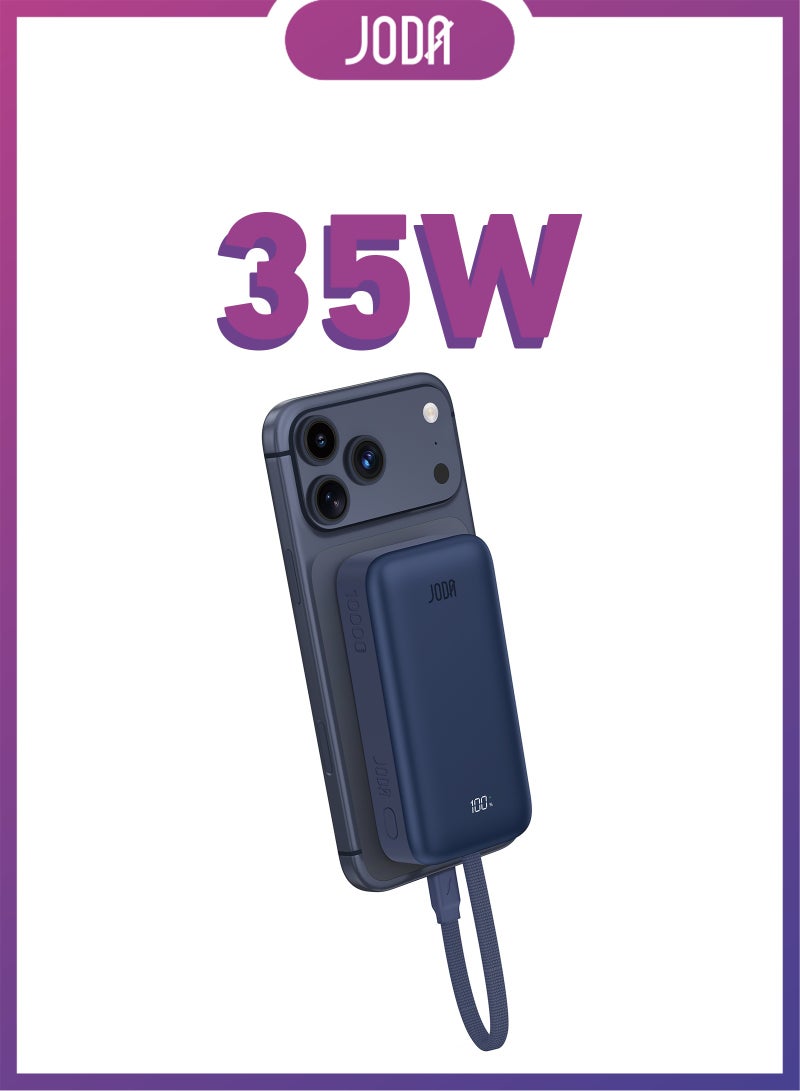 JODA MagTack 10 10000mAh PD 35W Power Bank with Nylon Braided Cable-Titanium Blue - Image 1